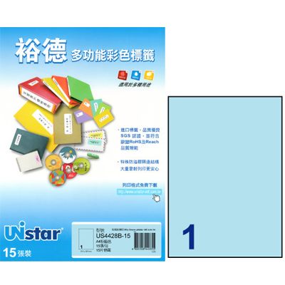 裕德 彩色電腦列印標籤1格(5色) 15張/包 US4428-15 