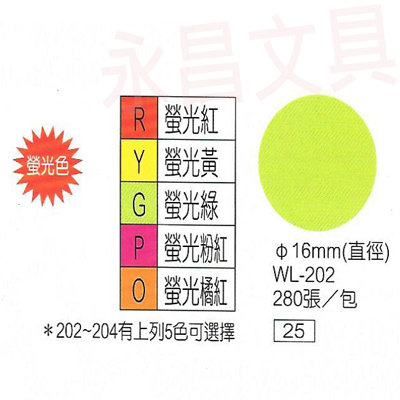 華麗牌WL-202 彩色自黏標籤紙 直徑16mm (280張/包) 