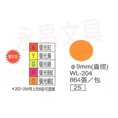 華麗牌WL-204 彩色自黏標籤紙 直徑9mm (864張/包)  