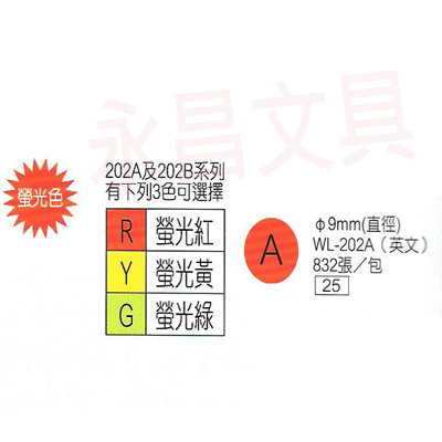 華麗牌WL-202A 彩色自黏標籤紙 直徑9mm (832張/包)  